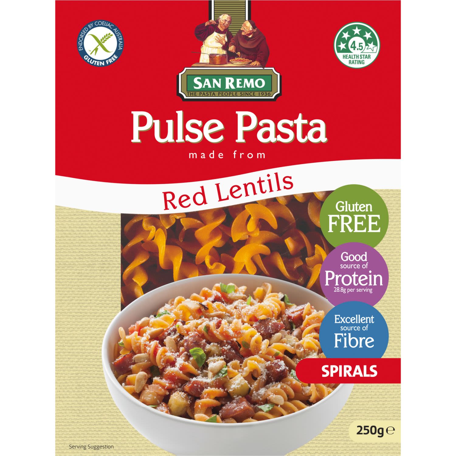 San Remo Pulse Pasta Red Lentils Spirals, 250 Gram