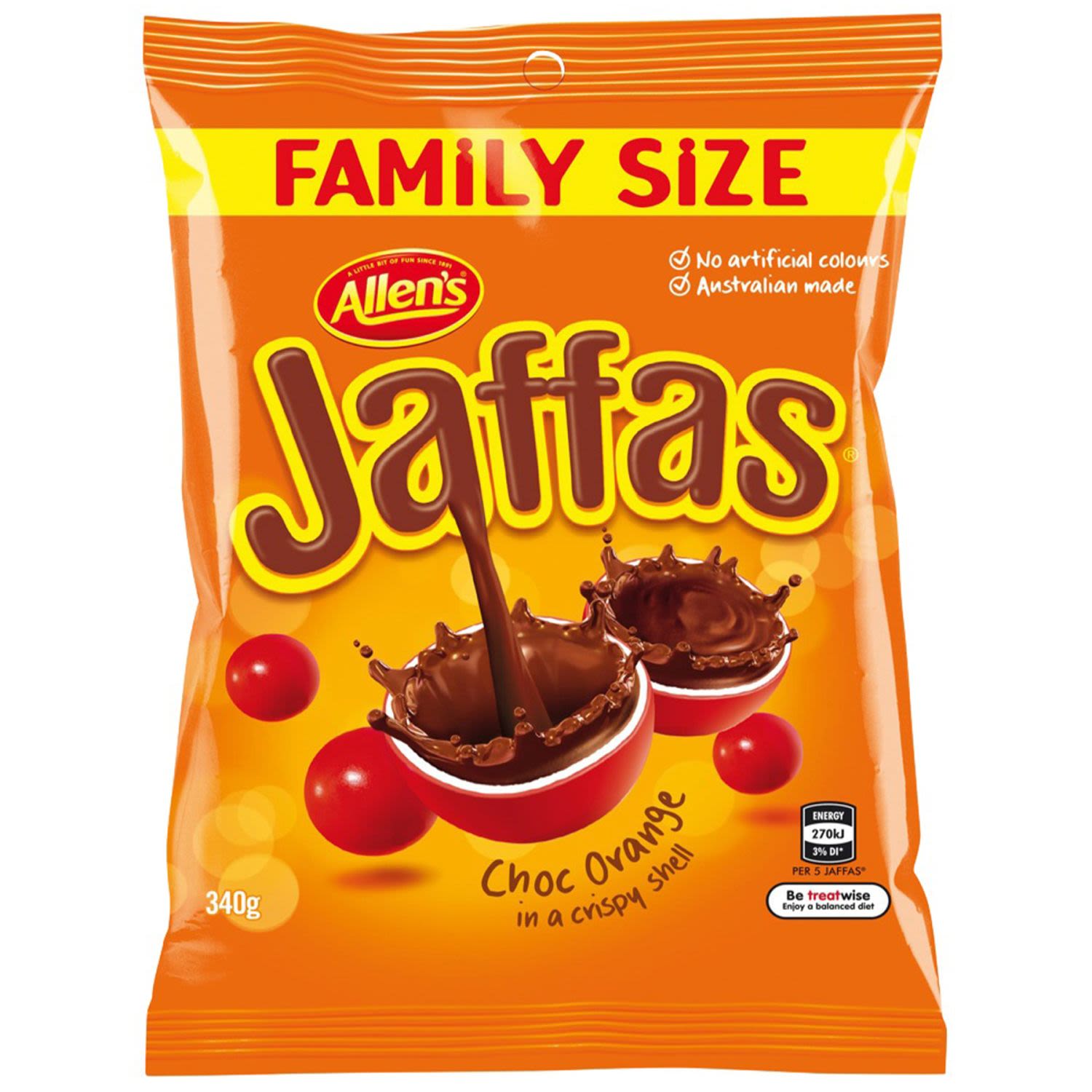 ALLEN'S Jaffas are chocolate balls covered in an orange flavoured shell. Bite into the crispy shell and let the choc orange flavour melt in your mouth. Contains no artificial colours. ALLEN'S makes smiles®
