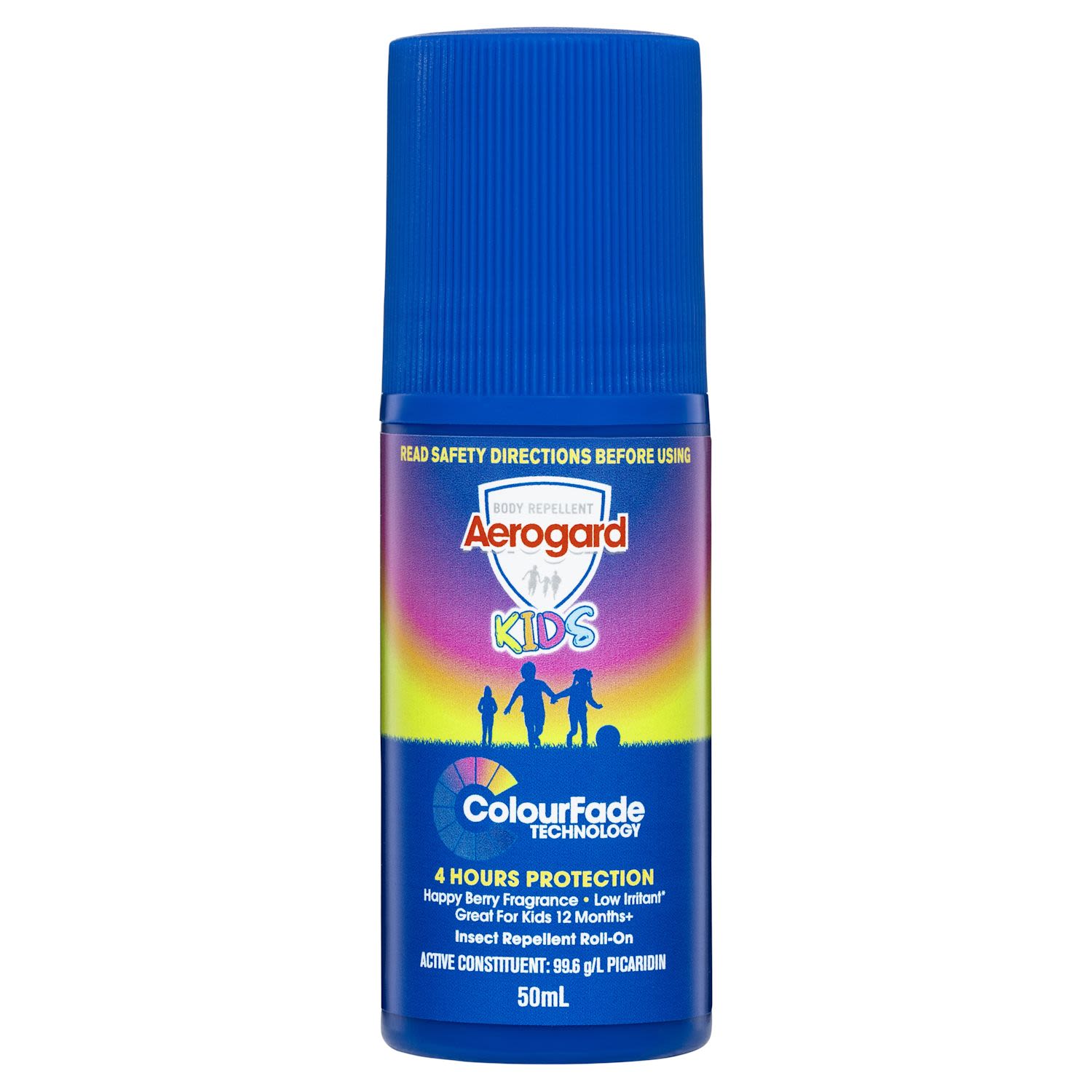 Aerogard Kids Insect Repellent Roll-On repels mosquitoes, flies, sandflies and other annoying and biting insects for up to 4 hours. It also uses ColourFade Technology so you never miss a spot again!<br /><br /> <br /><br />· ColourFade Technology – goes on blue, colour fades away<br /><br />· Suitable for children 12 months & over<br /><br />· Happy Berry Fragrance<br /><br />· Low irritant on skin <br /><br />· Non-greasy formula <br /><br />· Contains moisturising Aloe Vera which cares for sensitive skin <br /><br /> <br /> <br /> <br /><br />Country of Origin: Made in Australia