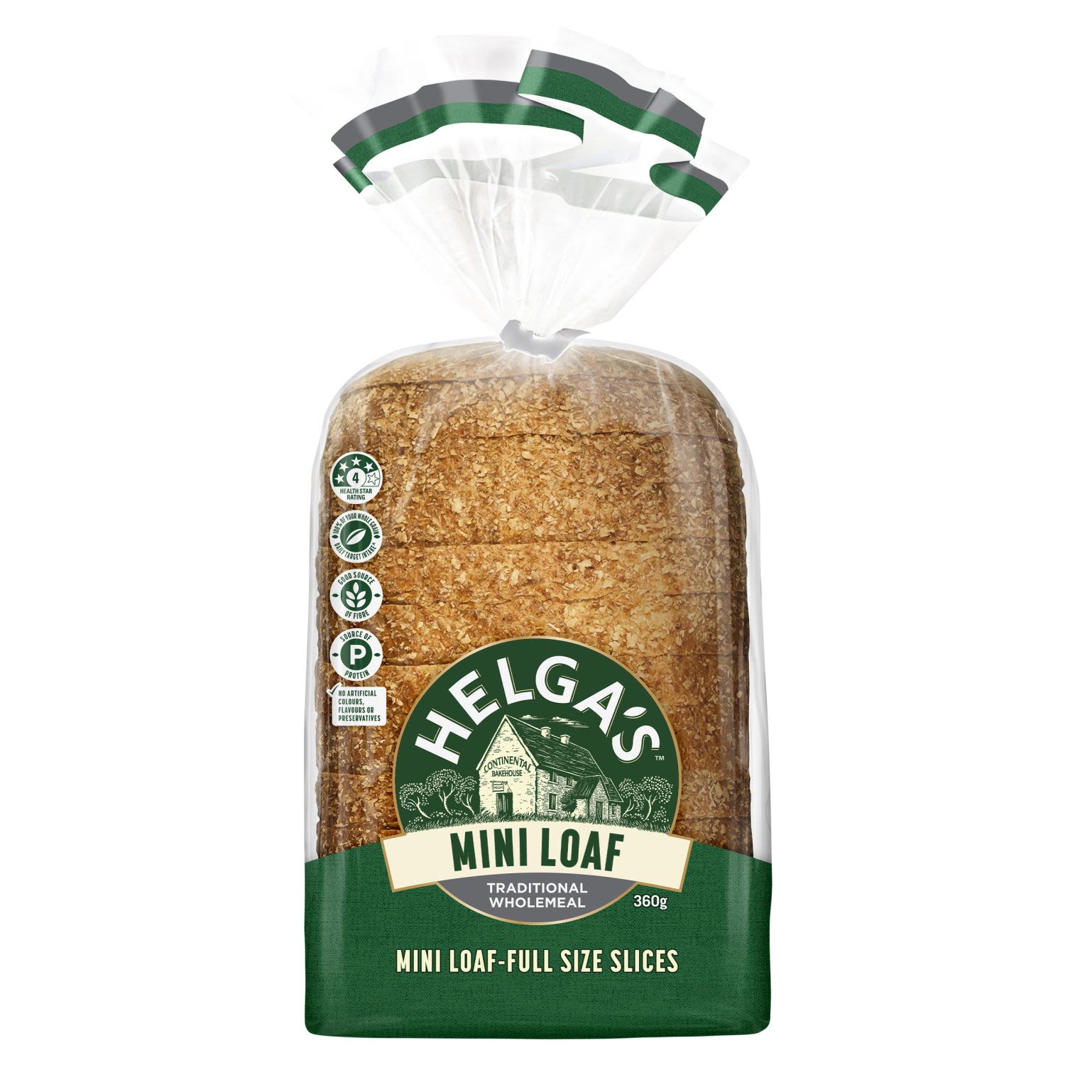 Baked fresh with no artificial colours, flavours and preservatives, Helga's Traditional Wholemeal Sliced Bread Mini Loaf is perfect for all your sandwich needs. It contains fibre and protein and with tons of ways to serve, you'll always have something new to enjoy. Create a meaty sandwich, toast and squeeze your favourite spread on top or for a filling breakfast, layer it with eggs, avocado and tomatoes.<br /> <br /> <br /><br />Allergen: Gluten Containing Cereals| Soy<br />Allergen may be present: Soy|Gluten Containing Cereals <br /><br />Country of Origin: Made in Australia from at least 90% Australian ingredients