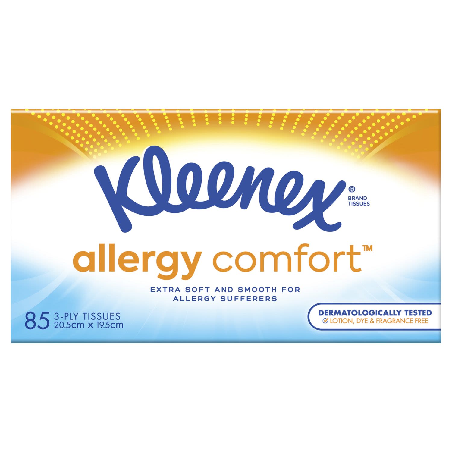 Kleenex Allergy Comfort Facial Tissues have reduced linting for allergy sufferers.

Extra soft and smooth.

Dermatologically tested and Hypoallergenic.

Lotion, Dye & Fragrance free.

3-ply thickness, 85 sheets per box, 20.5cm x 19.5cm.

Our Kleenex Facial Tissues are Aussie made and we’re proud of it; they’ve been made at our Millicent mill in South Australia since 1966. This means support for local communities, including hundreds of local employees and their families, each year.

FSC® Certified, ensuring responsible forest management, meeting the most rigorous environmental and social standard for responsible forest management.<br /> <br />