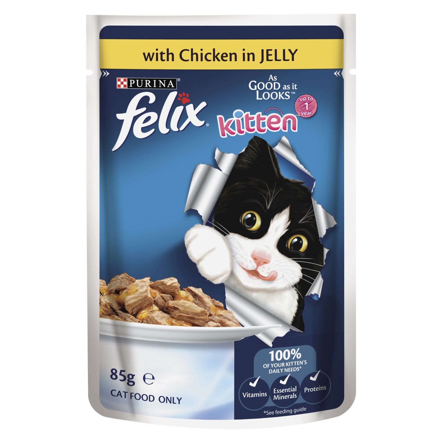 Felix Kitten As Good as it Looks with Chicken in Jelly Wet Cat Food, 85 Gram