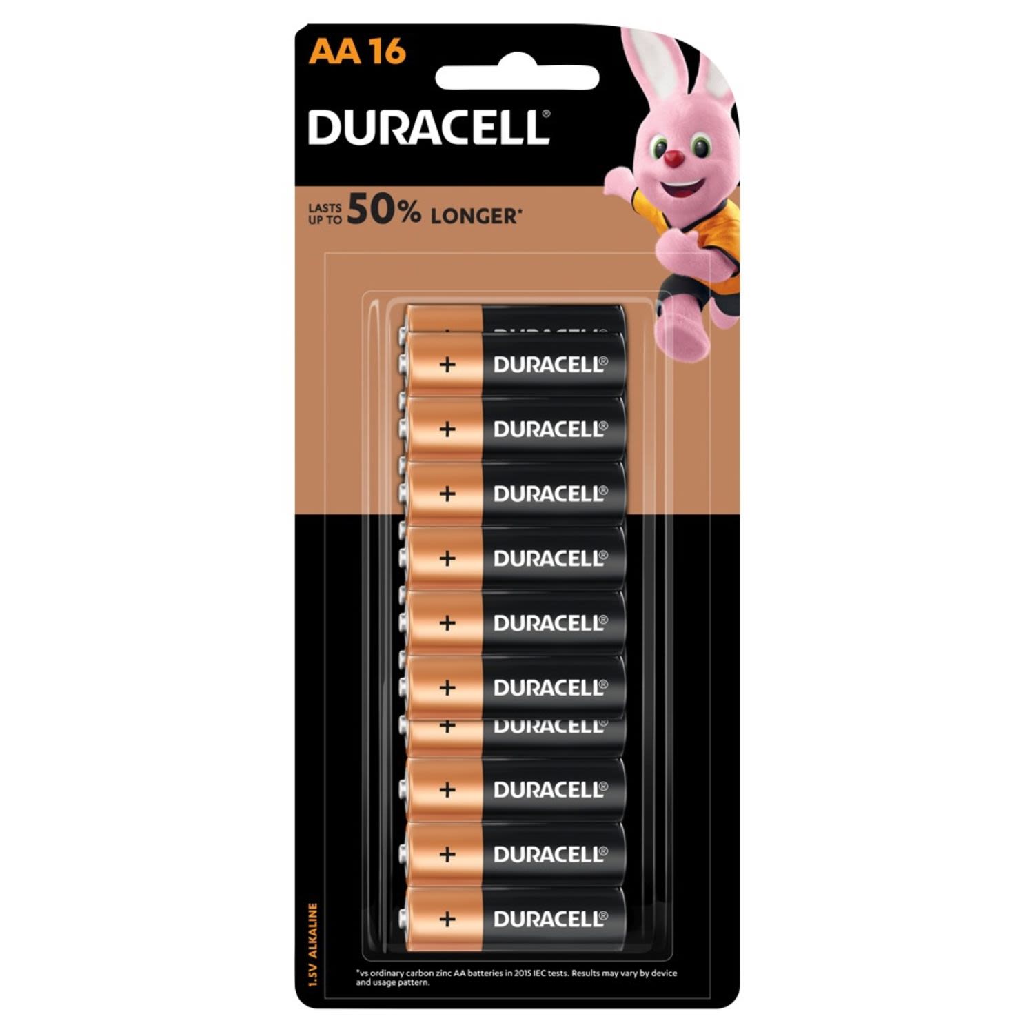 Duracell Coppertop AA.

No Mercury Added.

1.5 Volt Batteries.

Duracell Coppertop AA Alkaline Batteries lasts up to 50% longer*
*vs. ordinary carbon zinc AA batteries in 2015 IEC tests. Results may vary by device and usage pattern. <br /> <br />