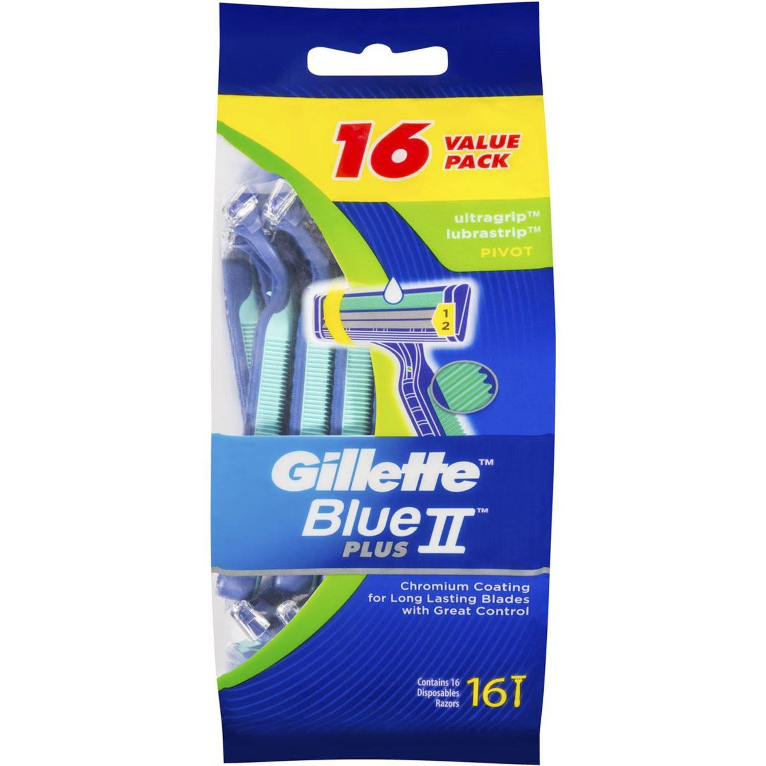 Gillette Blue II Disposable Shaving Razor Ultra Grip Pivot, 16 Each